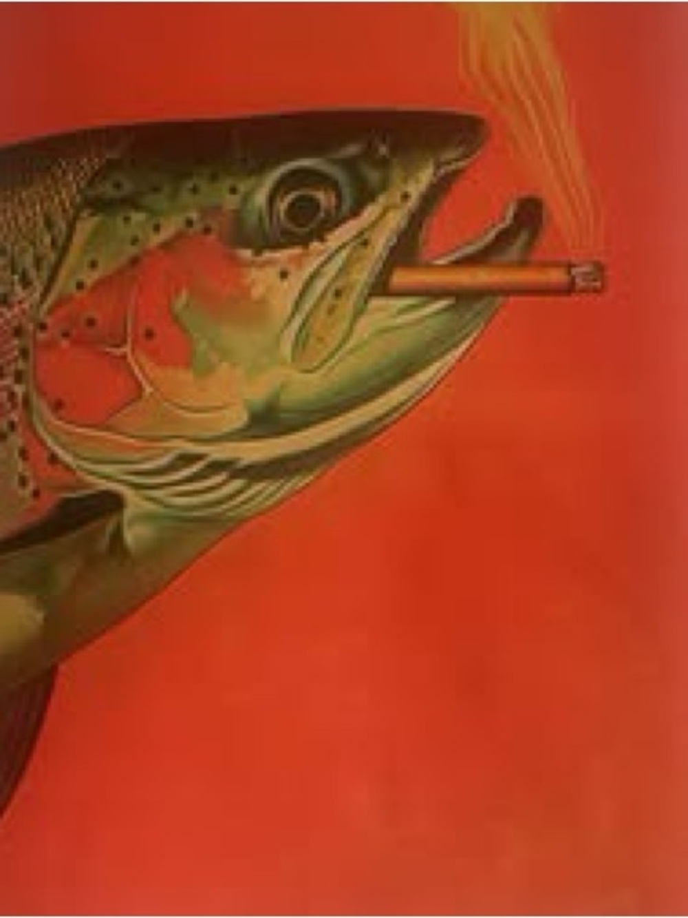 Green Trout Fish Smoking on Orange Background Print